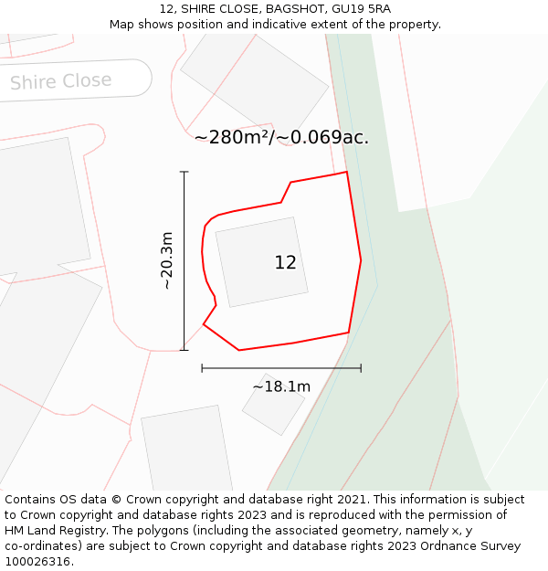 12, SHIRE CLOSE, BAGSHOT, GU19 5RA: Plot and title map