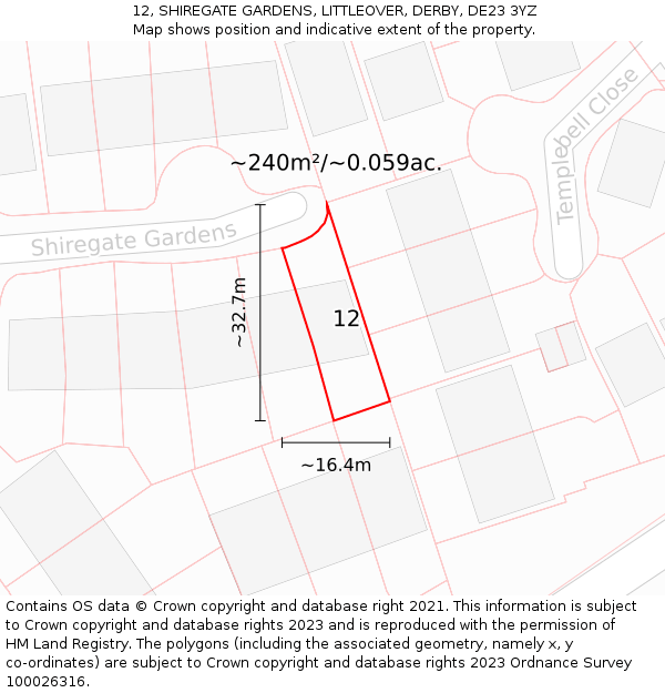 12, SHIREGATE GARDENS, LITTLEOVER, DERBY, DE23 3YZ: Plot and title map