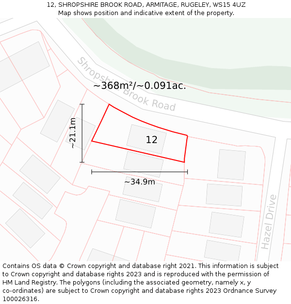 12, SHROPSHIRE BROOK ROAD, ARMITAGE, RUGELEY, WS15 4UZ: Plot and title map