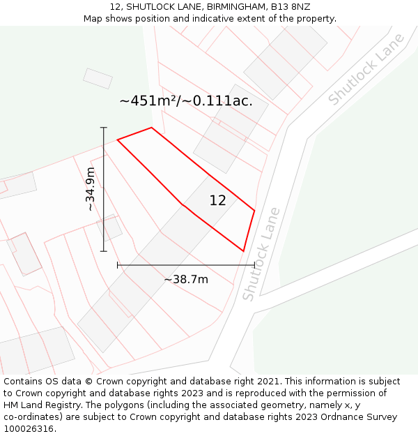 12, SHUTLOCK LANE, BIRMINGHAM, B13 8NZ: Plot and title map
