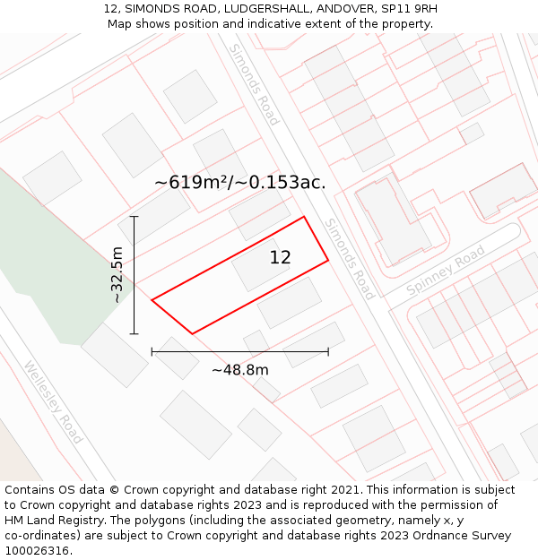 12, SIMONDS ROAD, LUDGERSHALL, ANDOVER, SP11 9RH: Plot and title map