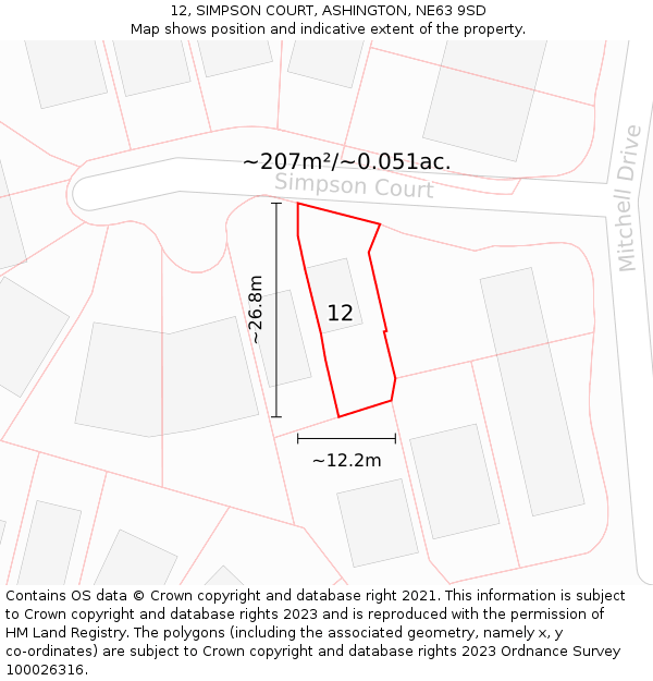 12, SIMPSON COURT, ASHINGTON, NE63 9SD: Plot and title map