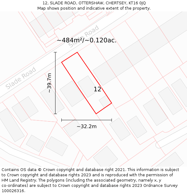 12, SLADE ROAD, OTTERSHAW, CHERTSEY, KT16 0JQ: Plot and title map