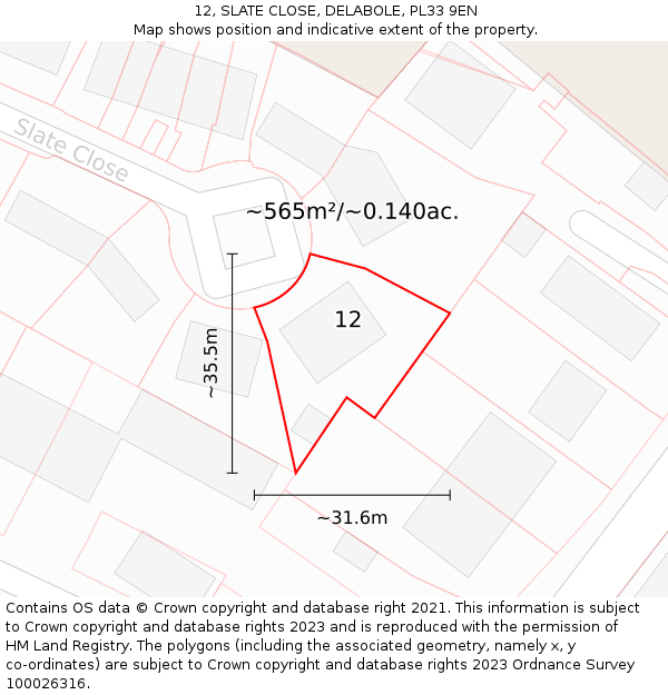 12, SLATE CLOSE, DELABOLE, PL33 9EN: Plot and title map