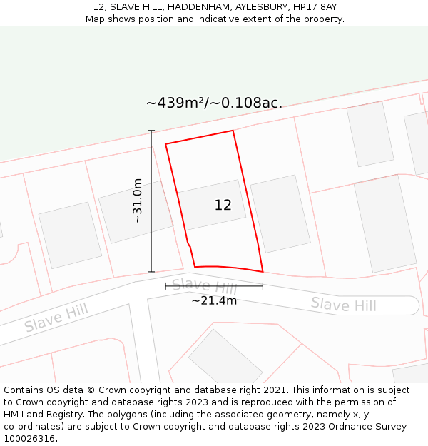 12, SLAVE HILL, HADDENHAM, AYLESBURY, HP17 8AY: Plot and title map