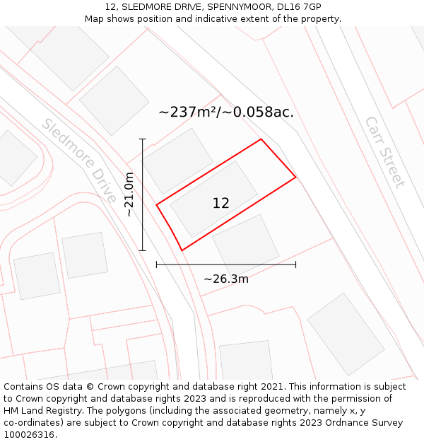 12, SLEDMORE DRIVE, SPENNYMOOR, DL16 7GP: Plot and title map