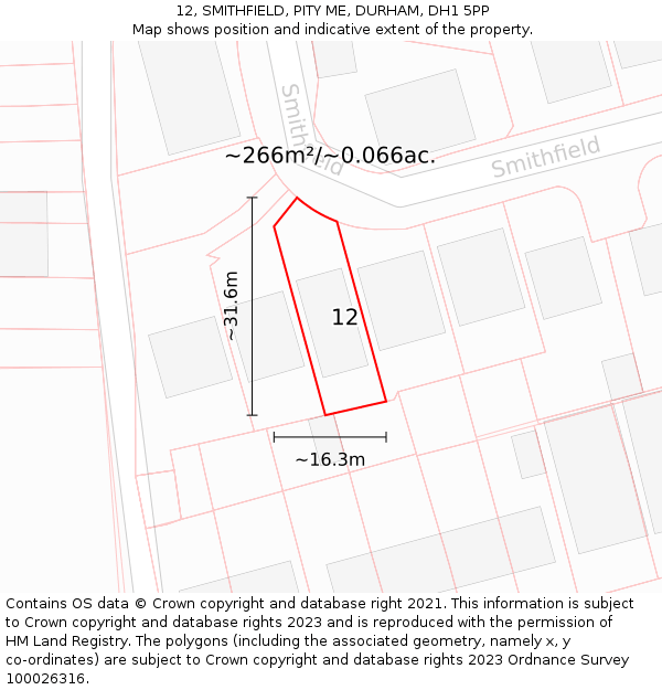 12, SMITHFIELD, PITY ME, DURHAM, DH1 5PP: Plot and title map