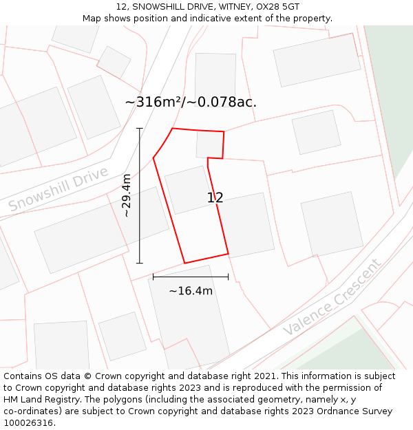 12, SNOWSHILL DRIVE, WITNEY, OX28 5GT: Plot and title map