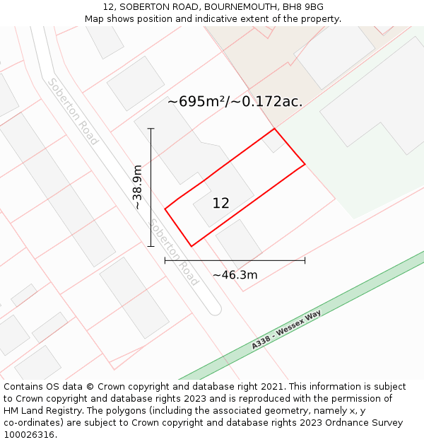 12, SOBERTON ROAD, BOURNEMOUTH, BH8 9BG: Plot and title map
