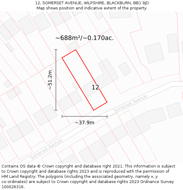 12, SOMERSET AVENUE, WILPSHIRE, BLACKBURN, BB1 9JD: Plot and title map