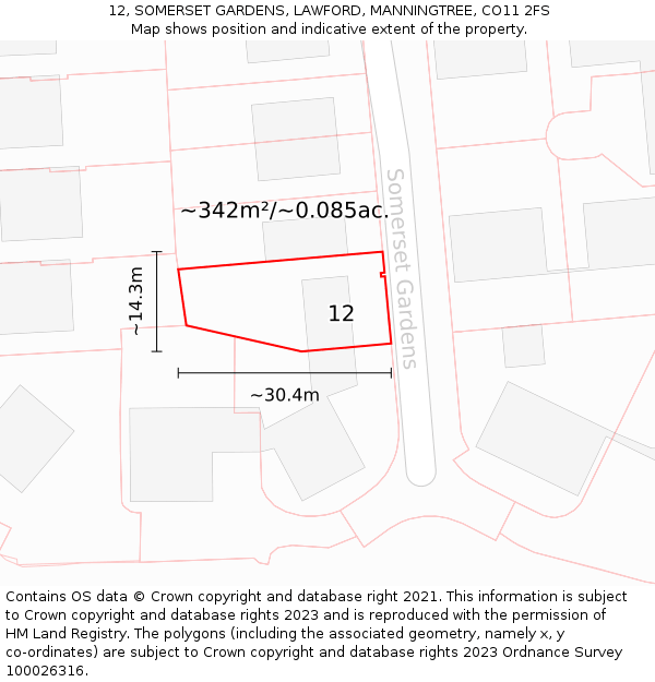 12, SOMERSET GARDENS, LAWFORD, MANNINGTREE, CO11 2FS: Plot and title map