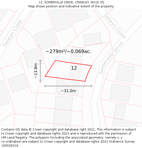 12, SOMERVILLE DRIVE, CRAWLEY, RH10 3TJ: Plot and title map