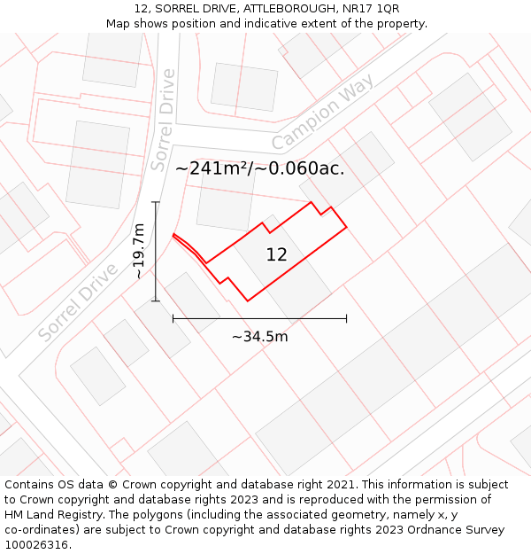 12, SORREL DRIVE, ATTLEBOROUGH, NR17 1QR: Plot and title map