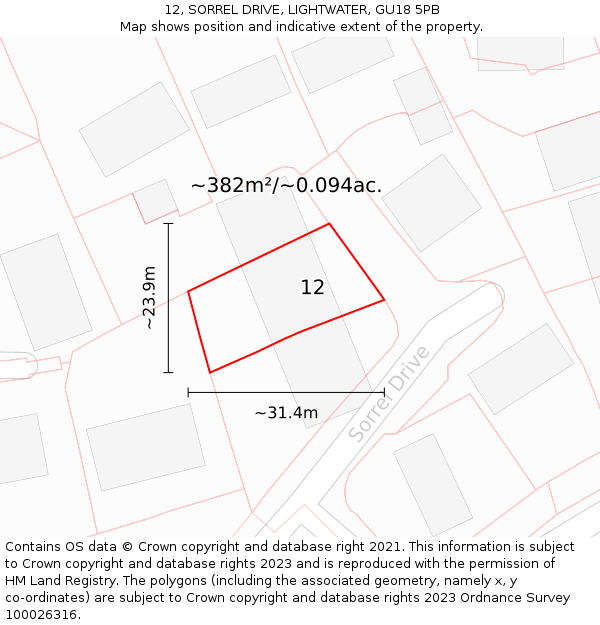 12, SORREL DRIVE, LIGHTWATER, GU18 5PB: Plot and title map