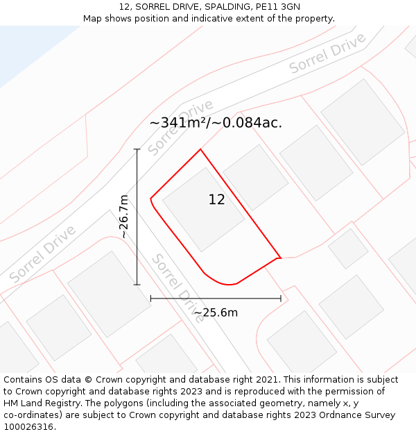 12, SORREL DRIVE, SPALDING, PE11 3GN: Plot and title map