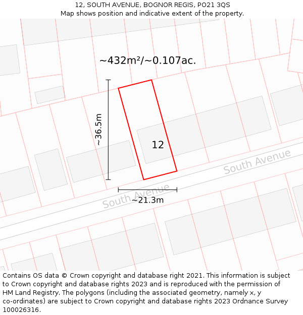 12, SOUTH AVENUE, BOGNOR REGIS, PO21 3QS: Plot and title map