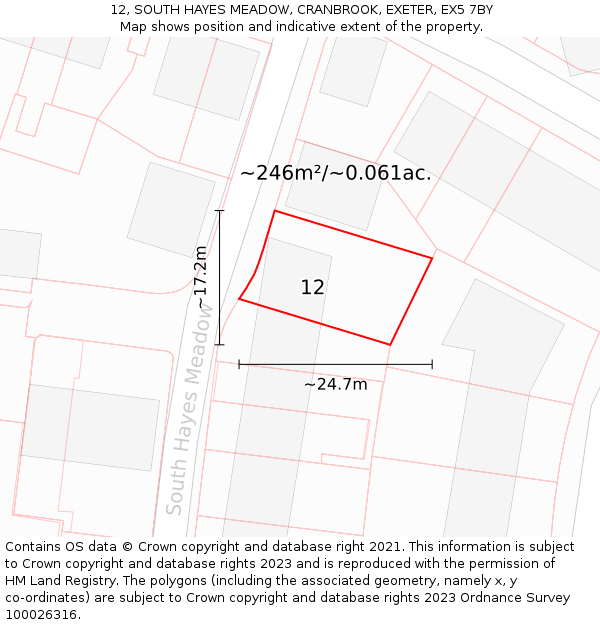 12, SOUTH HAYES MEADOW, CRANBROOK, EXETER, EX5 7BY: Plot and title map