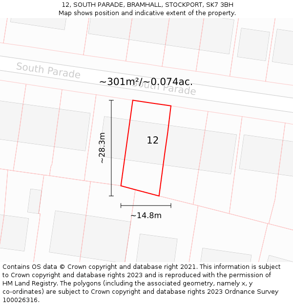 12, SOUTH PARADE, BRAMHALL, STOCKPORT, SK7 3BH: Plot and title map