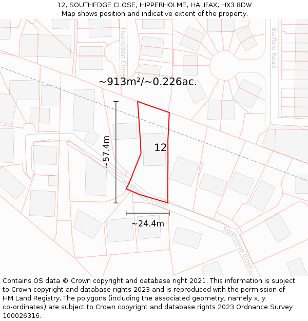 12, SOUTHEDGE CLOSE, HIPPERHOLME, HALIFAX, HX3 8DW: Plot and title map