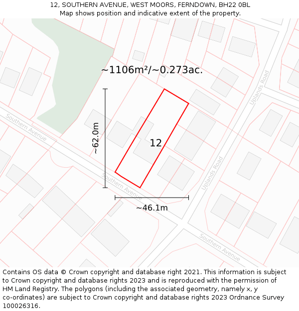 12, SOUTHERN AVENUE, WEST MOORS, FERNDOWN, BH22 0BL: Plot and title map