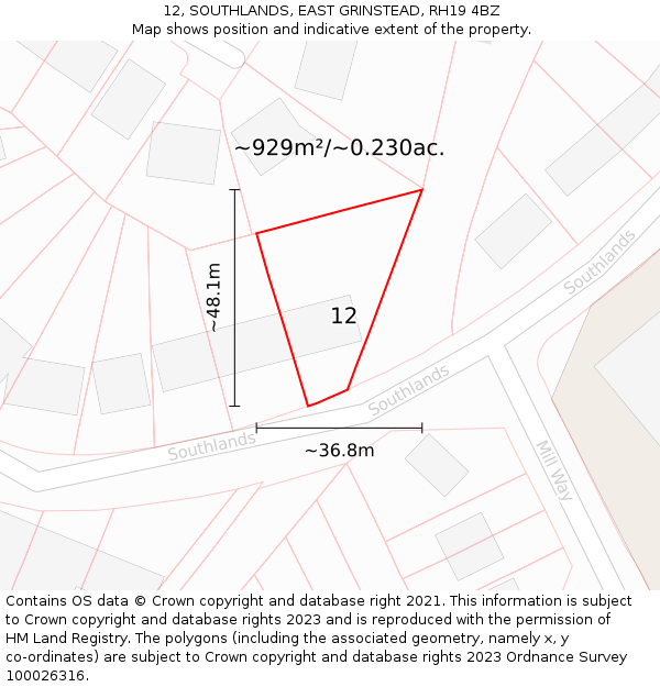 12, SOUTHLANDS, EAST GRINSTEAD, RH19 4BZ: Plot and title map