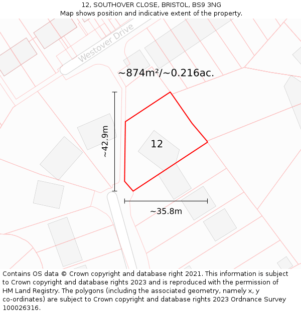 12, SOUTHOVER CLOSE, BRISTOL, BS9 3NG: Plot and title map