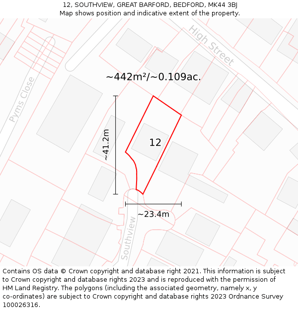 12, SOUTHVIEW, GREAT BARFORD, BEDFORD, MK44 3BJ: Plot and title map