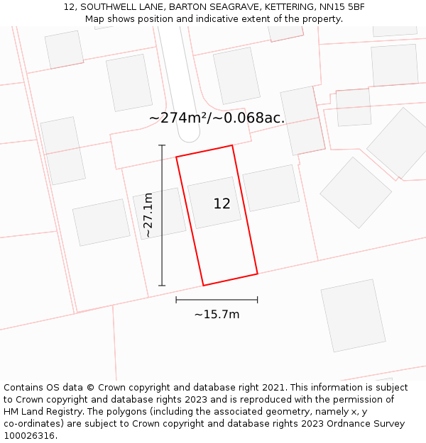 12, SOUTHWELL LANE, BARTON SEAGRAVE, KETTERING, NN15 5BF: Plot and title map