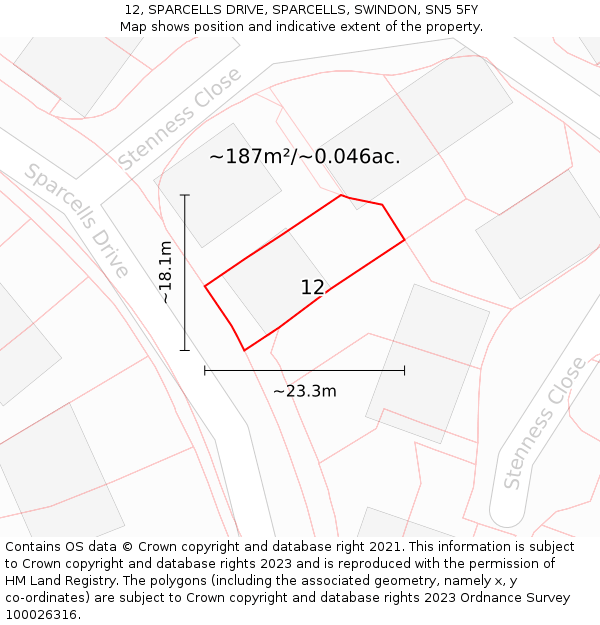 12, SPARCELLS DRIVE, SPARCELLS, SWINDON, SN5 5FY: Plot and title map