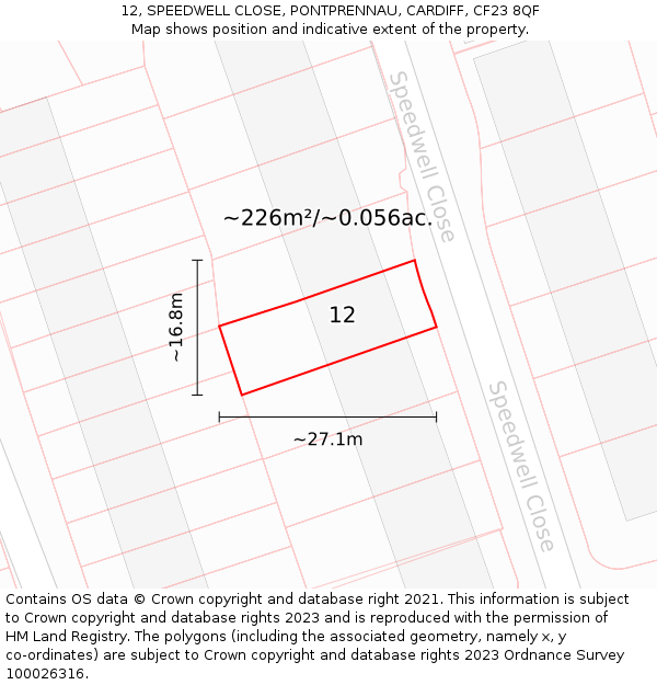 12, SPEEDWELL CLOSE, PONTPRENNAU, CARDIFF, CF23 8QF: Plot and title map