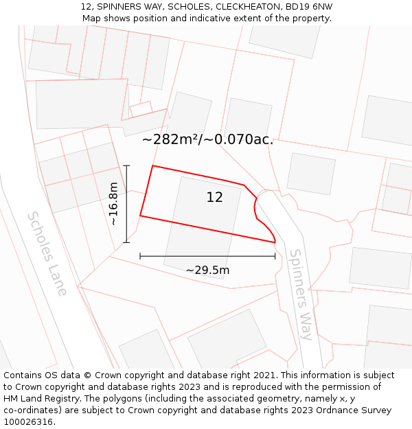 12, SPINNERS WAY, SCHOLES, CLECKHEATON, BD19 6NW: Plot and title map