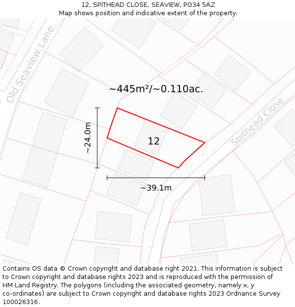 12, SPITHEAD CLOSE, SEAVIEW, PO34 5AZ: Plot and title map