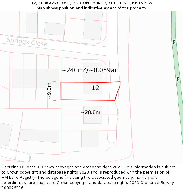 12, SPRIGGS CLOSE, BURTON LATIMER, KETTERING, NN15 5FW: Plot and title map