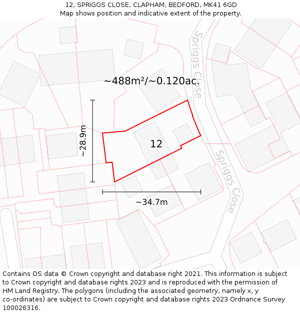 12, SPRIGGS CLOSE, CLAPHAM, BEDFORD, MK41 6GD: Plot and title map