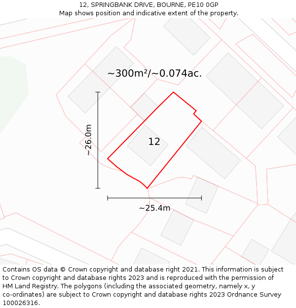 12, SPRINGBANK DRIVE, BOURNE, PE10 0GP: Plot and title map