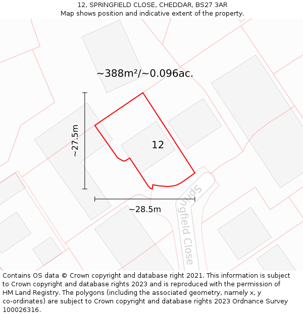 12, SPRINGFIELD CLOSE, CHEDDAR, BS27 3AR: Plot and title map