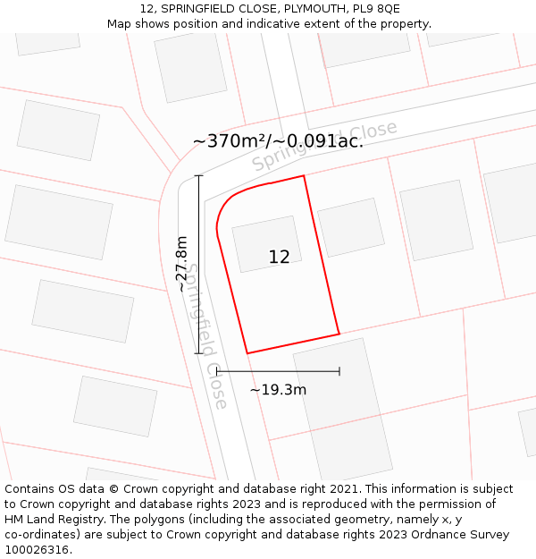 12, SPRINGFIELD CLOSE, PLYMOUTH, PL9 8QE: Plot and title map