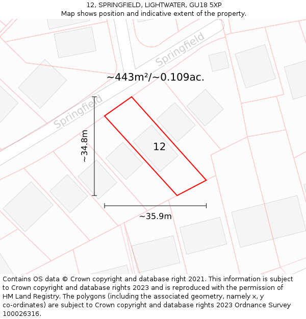 12, SPRINGFIELD, LIGHTWATER, GU18 5XP: Plot and title map