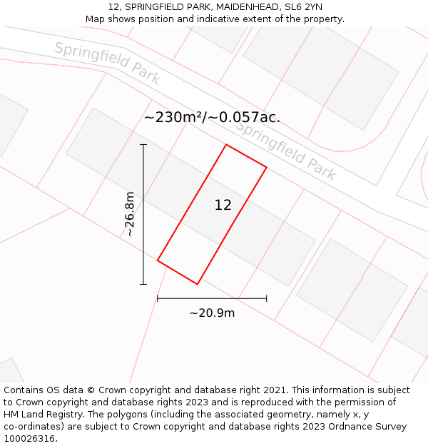 12, SPRINGFIELD PARK, MAIDENHEAD, SL6 2YN: Plot and title map