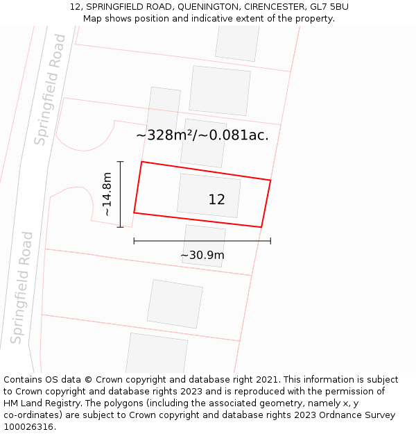 12, SPRINGFIELD ROAD, QUENINGTON, CIRENCESTER, GL7 5BU: Plot and title map