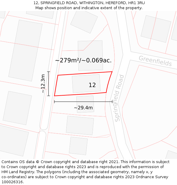 12, SPRINGFIELD ROAD, WITHINGTON, HEREFORD, HR1 3RU: Plot and title map