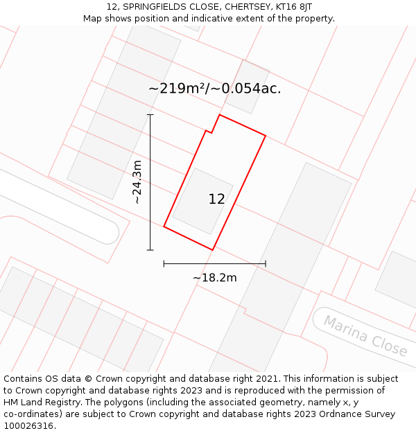 12, SPRINGFIELDS CLOSE, CHERTSEY, KT16 8JT: Plot and title map