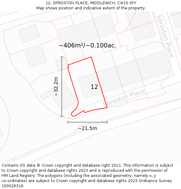 12, SPROSTON PLACE, MIDDLEWICH, CW10 0FY: Plot and title map