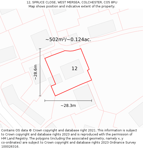 12, SPRUCE CLOSE, WEST MERSEA, COLCHESTER, CO5 8PU: Plot and title map
