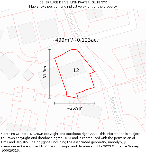 12, SPRUCE DRIVE, LIGHTWATER, GU18 5YX: Plot and title map