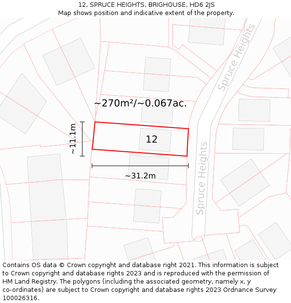 12, SPRUCE HEIGHTS, BRIGHOUSE, HD6 2JS: Plot and title map