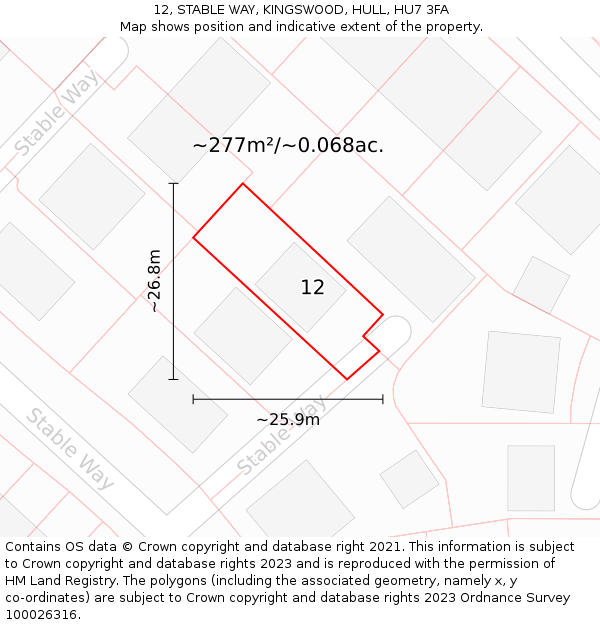 12, STABLE WAY, KINGSWOOD, HULL, HU7 3FA: Plot and title map