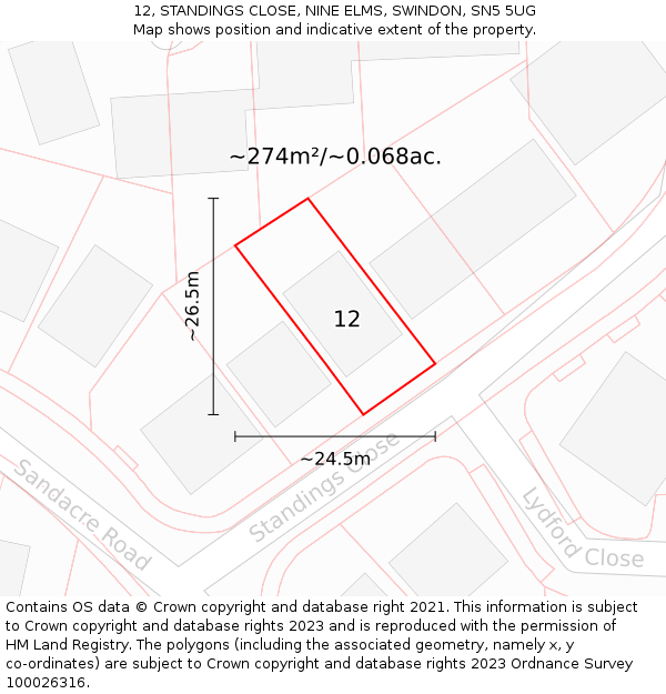 12, STANDINGS CLOSE, NINE ELMS, SWINDON, SN5 5UG: Plot and title map