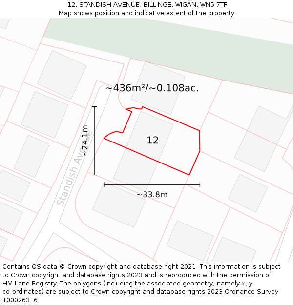 12, STANDISH AVENUE, BILLINGE, WIGAN, WN5 7TF: Plot and title map