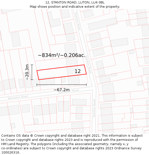 12, STANTON ROAD, LUTON, LU4 0BL: Plot and title map